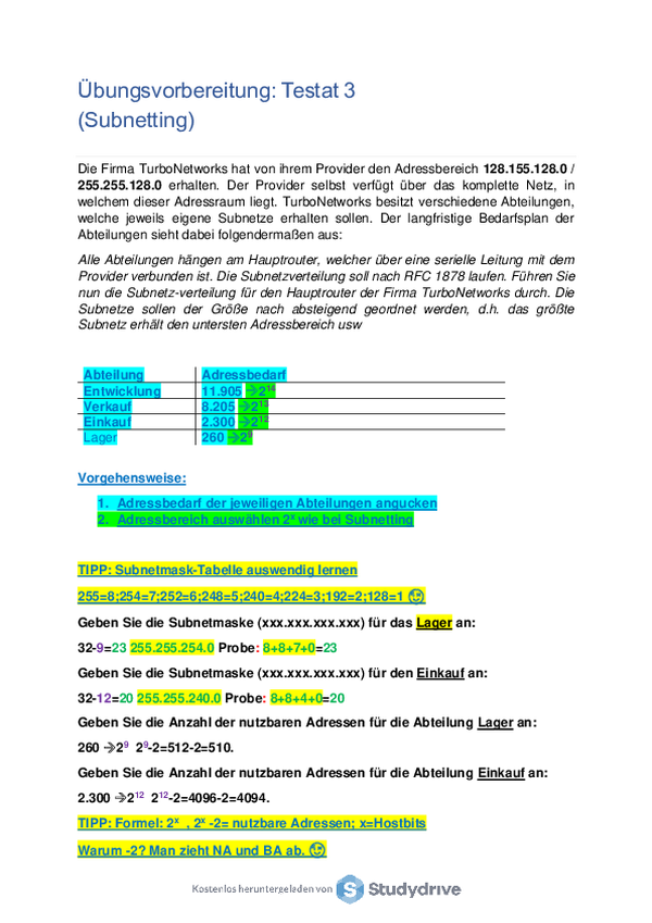 Übungsvorbereitung Subnetting... - Free download