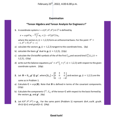 Document Tensor Algebra and Tensor Analysis for Engineers I Examination ...
